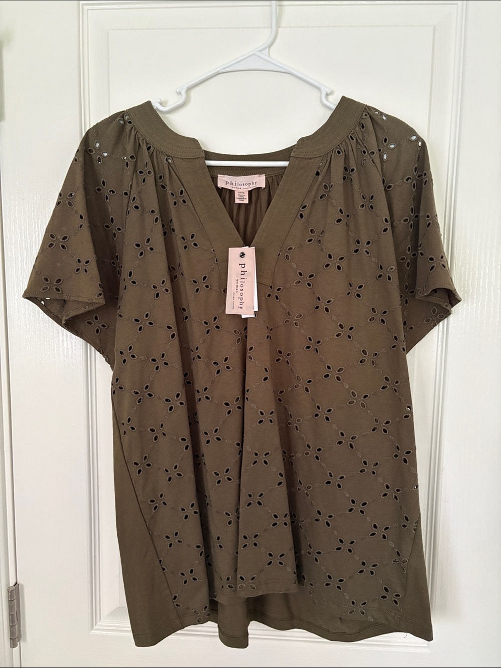 Philosophy Olive Green Eyelet V-Neck Short Sleeve Top Shirt Blouse NWT Womens 1X